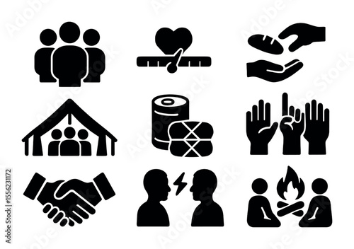 Survival Dynamics Icons. Solid, filled icons set of group survival dynamics: team symbol, trust meter, food