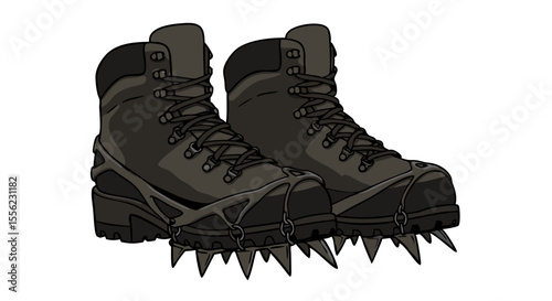 Mountain boots with attached crampons, hiking gear, outdoor equipment, isolated on transparent background

