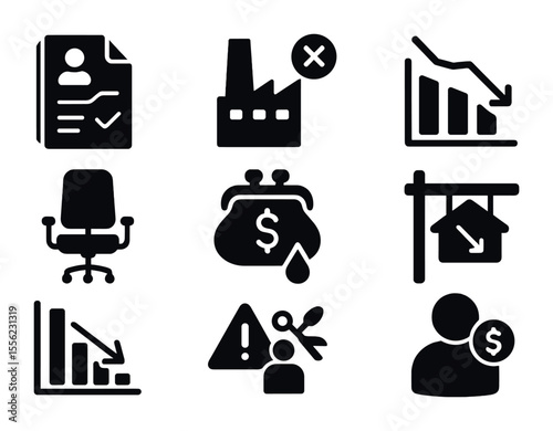 Economic Downturn Icons. Solid, filled icons set of economic downturn effects: layoff notice, factory closure,