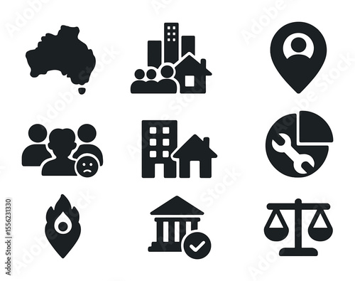 Regional Unemployment Icons. Solid, filled icons set of regional unemployment comparisons: country map, city