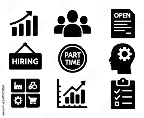 Job Market Icons. Solid, filled icons set of job market indicators: employment rate chart, labor force icon,