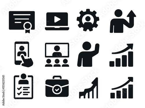 Reskilling Icons Set. Solid, filled icons set of reskilling and training programs: training certificate,