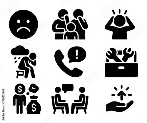 Unemployment Icons Grid. Solid, filled icons set of emotional impact of unemployment: sad face, family concern