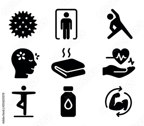 Muscle Relaxation Icons. Solid, filled icons set of muscle relaxation and body awareness: massage ball, body