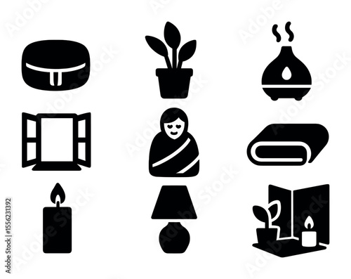 Peaceful Recovery Icons. Solid, filled icons set of peaceful recovery space: meditation cushion, indoor plant,