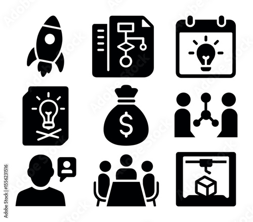 Startup Support Icons. Solid, filled icons set of early-stage startup support: startup rocket, business plan,
