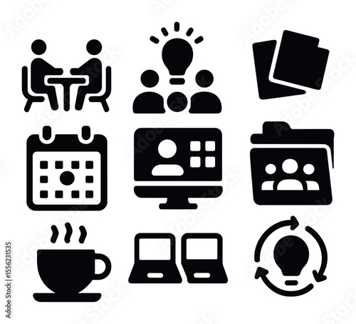 Coworking Icons Set. Solid, filled icons set of coworking and collaboration tools: shared table, brainstorming