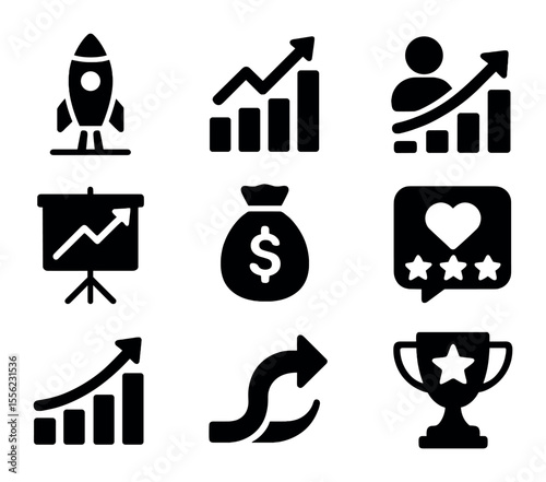 Startup Milestone Icons. Solid, filled icons set of startup growth milestones: business launch, traction chart