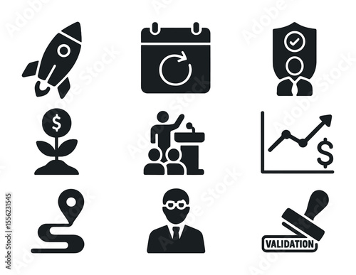 Startup Icon Set. Solid, filled icons set of accelerator vs incubator comparison: rocket icon, calendar sprint