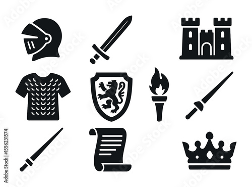Medieval Icon Set. Solid, filled icons set of medieval reenactments: knight helmet, longsword, castle backdrop