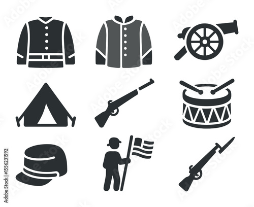 Civil War Icon Set. Solid, filled icons set of American Civil War reenactments: blue coat, gray coat, cannon,