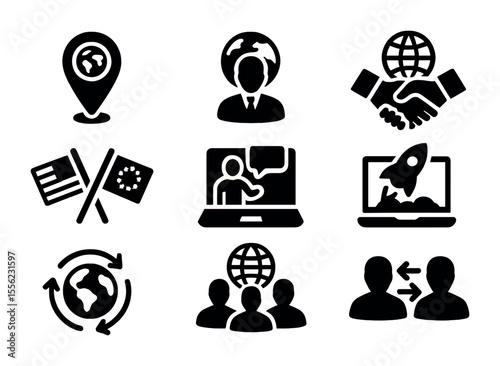 Global Startup Icons. Solid, filled icons set of global startup incubators: world map pin, global mentor icon,
