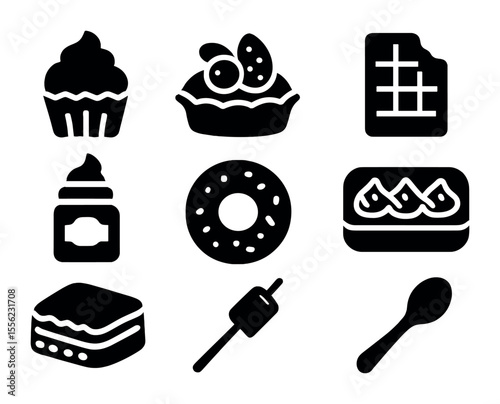 Picnic Dessert Icons. Solid, filled icons set of picnic desserts and sweets: cupcake, fruit tart, chocolate