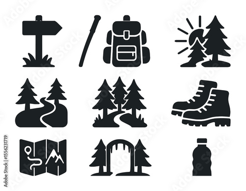 Hiking Icon Set. Solid, filled icons set of hiking through sunlit woods: trail marker, walking stick, backpack