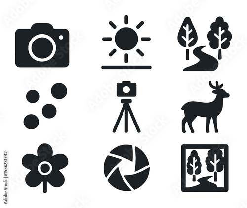Nature Photography Icons. Solid, filled icons set of nature photography on forest trails: camera icon,