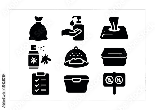 Picnic Safety Icons. Solid, filled icons set of picnic safety and cleanup: trash bag, hand sanitizer, wet