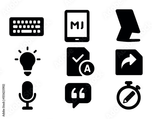 Portable Writing Icons. Solid, filled icons set of portable writing workflow: compact keyboard, markdown app,