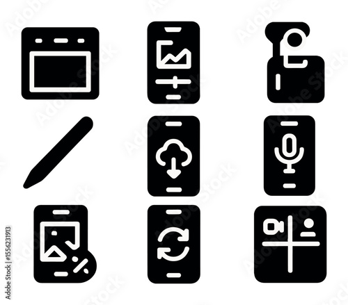 Creative Work Icons. Solid, filled icons set of creative work on mobile devices: drawing tablet, editing app,