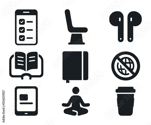 Commuter Productivity Icons. Solid, filled icons set of productivity while commuting: phone with task list,
