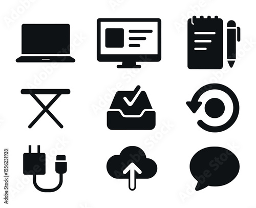 Minimalist Work Tools Icons. Solid, filled icons set of minimal work-from-anywhere tools: slim laptop, clean
