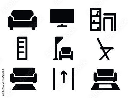 Small Living Room Icons. Solid, filled icons set of optimizing small living rooms: compact couch, wall-mounted