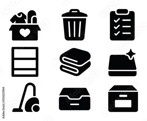 Decluttering Icons Collection. Solid, filled icons set of decluttering before furniture moves: donation box,