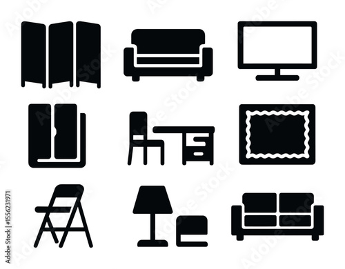 Organized Room Icons. Solid, filled icons set of organizing multipurpose rooms: partition screen, convertible