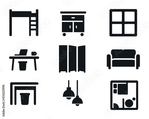 Studio Furniture Icon Set. Solid, filled icons set of arranging furniture in studio apartments: loft bed,