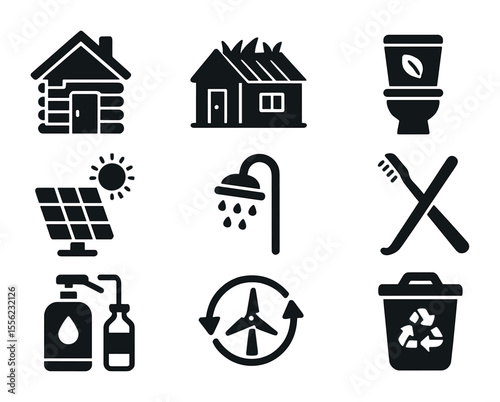 Eco-Friendly Icons Grid. Solid, filled icons set of eco-friendly accommodations: off-grid cabin, green roof,