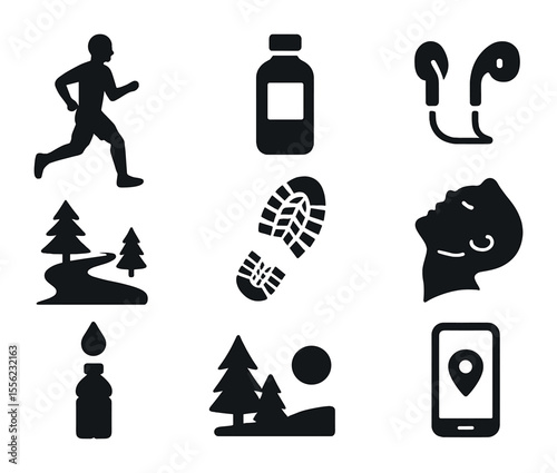 Trail Running Icon Set. Solid, filled icons set of solo trail running recovery: runner silhouette, small