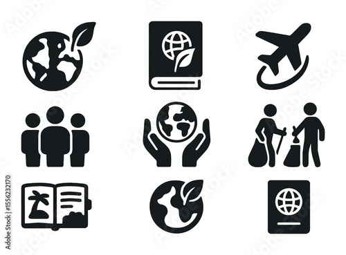 Eco-Friendly Travel Icons. Solid, filled icons set of responsible global exploration: world map with leaf,