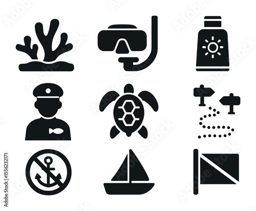 Marine Conservation Icons. Solid, filled icons set of marine conservation tourism: coral reef, snorkel gear,