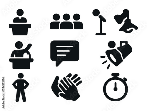 Public Speaking Icons. Solid, filled icons set of public speaking: podium, audience icon, microphone stand,