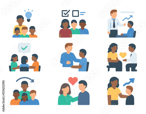 Leadership Styles Icons. Flat icon set of leadership styles in diverse teams: visionary leader, democratic