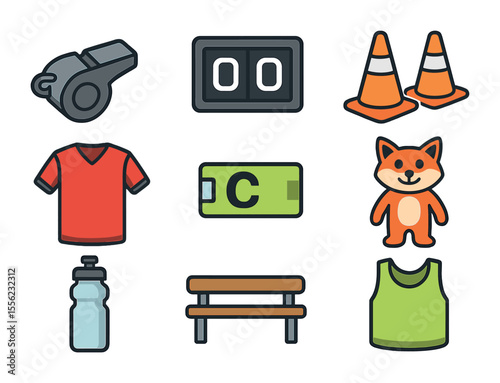 Sports Accessories Icons. Flat icon set of team sports accessories: referee whistle, scoreboard, cones, team