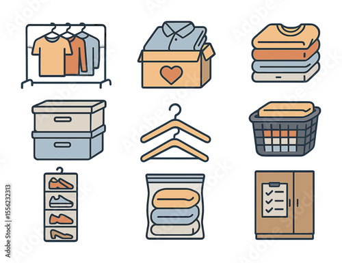 Closet Declutter Icons. Flat icon set of closet decluttering: clothing rack, donation box, folded sweaters,
