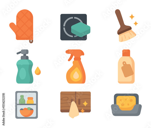 Kitchen Cleaning Icons. Flat icon set of kitchen deep cleaning: oven mitt, stovetop scrubber, sink brush, dish