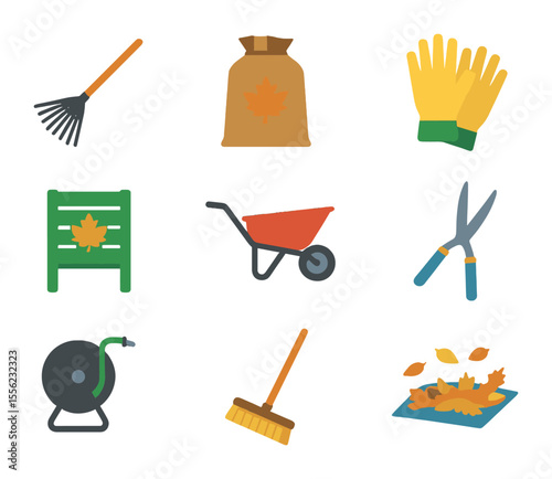 Fall Yard Cleanup Icons. Flat icon set of fall yard cleanup: rake, leaf bag, garden gloves, compost bin,
