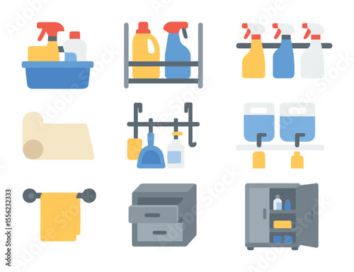 Cleaning Supply Icons. Flat icon set of cleaning supply storage: cleaning caddy, under-sink organizer, spray