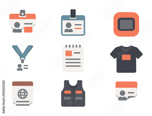 Journalist Icon Set. Flat icon set of journalist credentials: press pass, ID badge, station logo, credential