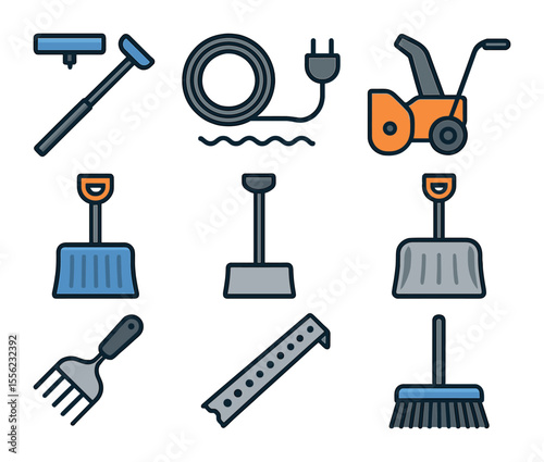 Snow Removal Tools. Flat icon set of snow removal tools: telescoping snow rake, de-icing cable, snow blower,
