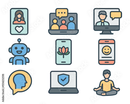 Digital Mental Health Icons. Flat icon set of digital mental health tools: mobile therapy app, virtual support