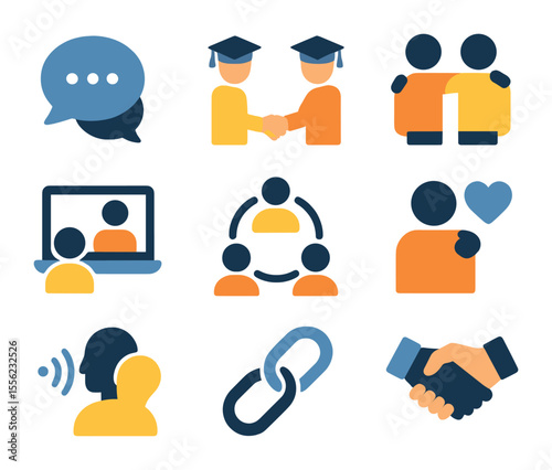 Peer Support Icons. Flat icon set of peer support and connection: open chat bubble, student handshake, buddy