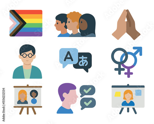Inclusive Mental Health Icons. Flat icon set of inclusive mental health representation: LGBTQ+ flag, diverse