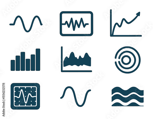 Sound Wave Icons. Flat icon set of sound wave visualization: sine wave, waveform monitor, decibel graph, audio
