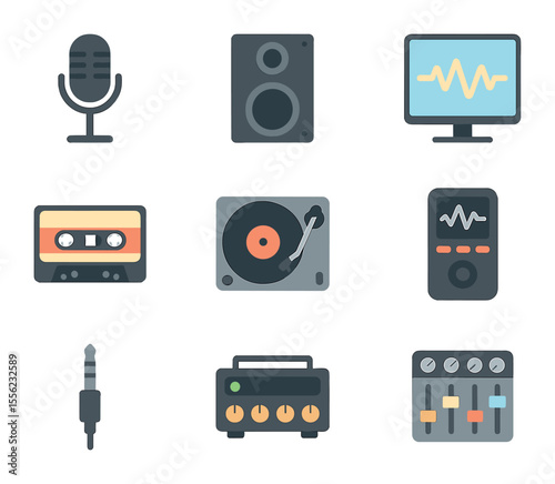 Audio Equipment Icons. Flat icon set of recording and playback devices: microphone, speaker, waveform on