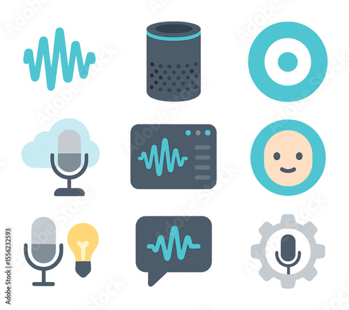 Voice Assistant Icons. Flat icon set of voice-controlled assistants: voice wave icon, smart speaker, wake word