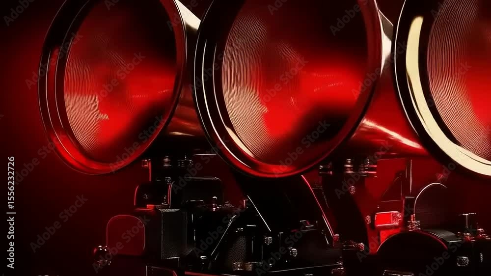 Vintage Triple Horn Gramophone with Red Accent Lighting in Dramatic Presentation