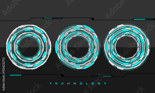 Set of sci fi blue neon white metal circle user interface elements technology futuristic design modern creative on black background vector