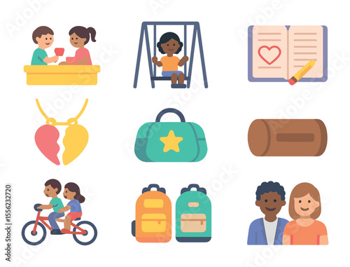 Friendship Icons Collection. Flat icon set of childhood and lifelong friendships: sandbox pals, playground